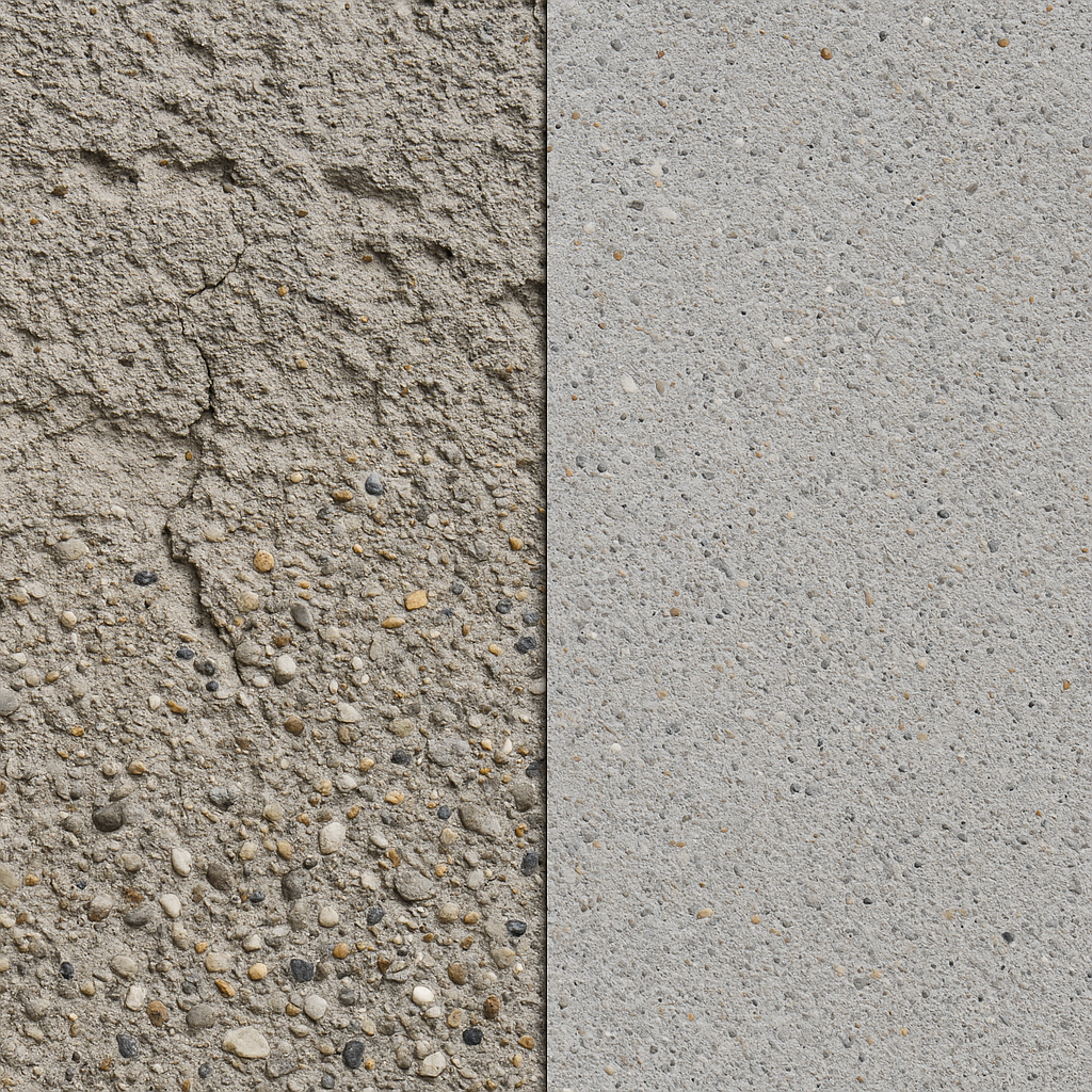Simulated wear test: unprotected concrete showing erosion and aggregate exposure versus AgriCrete-treated concrete with minimal wear